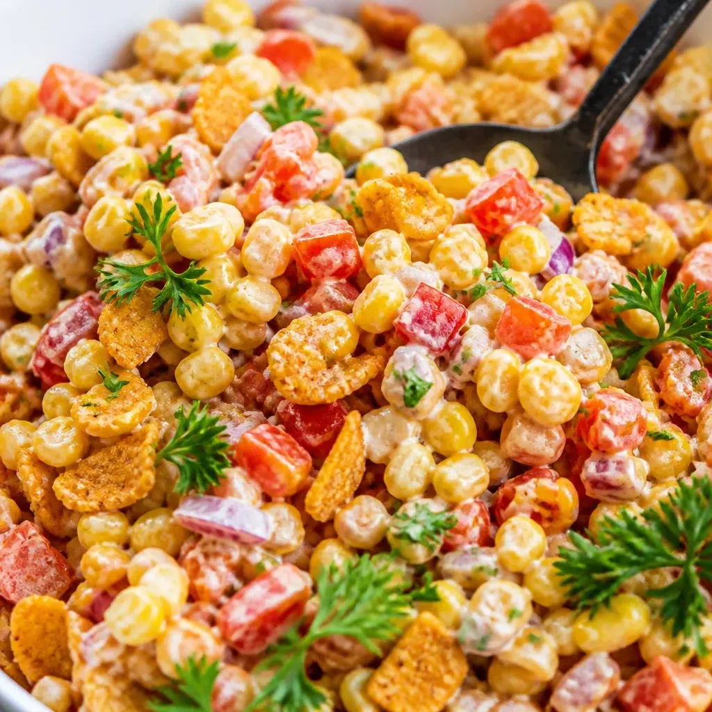 Delicious Frito Corn Salad with corn, peppers, cheese, and crunchy Fritos in creamy dressing.