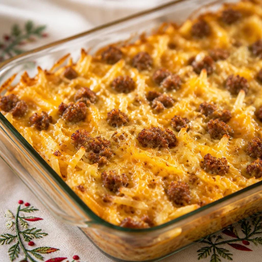 Delicious Sausage Hash Brown Breakfast Casserole with layers of sausage, hash browns, and cheese.