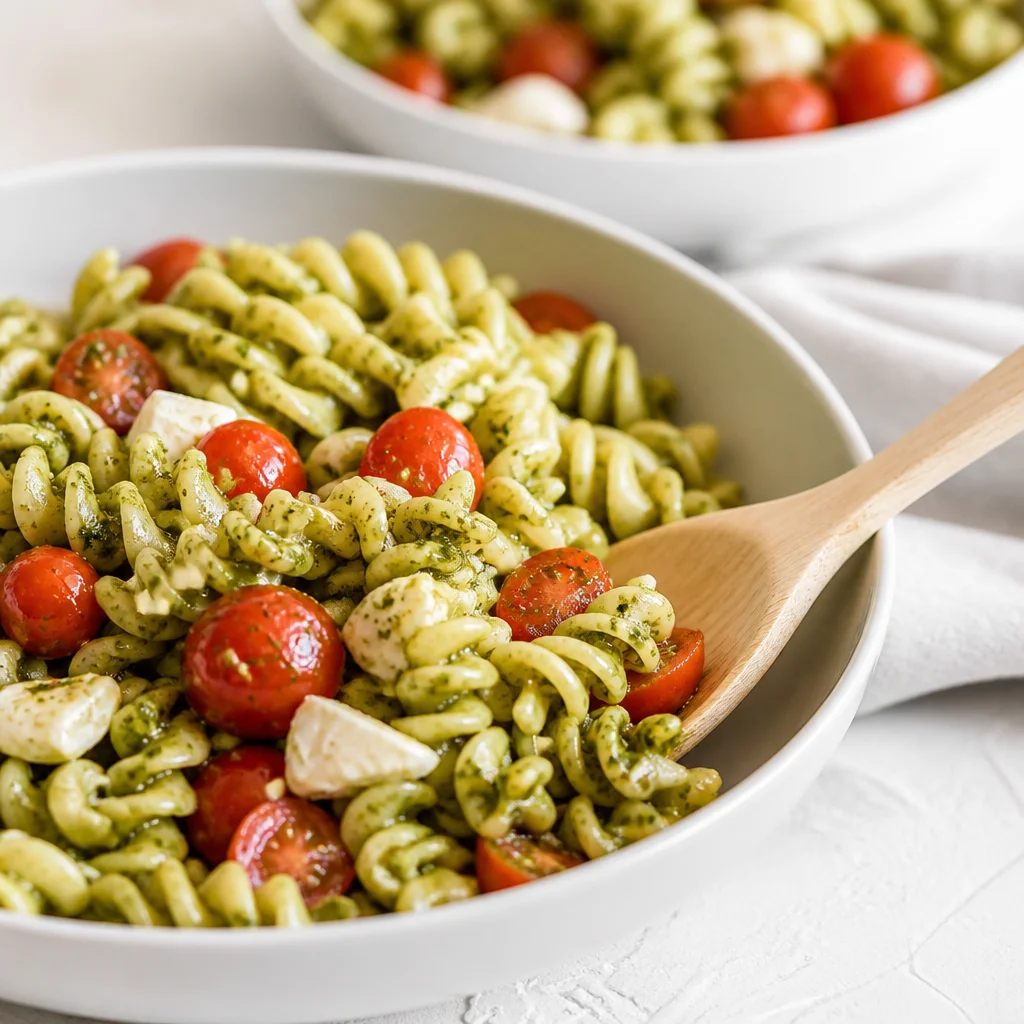 Colorful Pesto Pasta Salad with fresh veggies, pesto, and pasta.