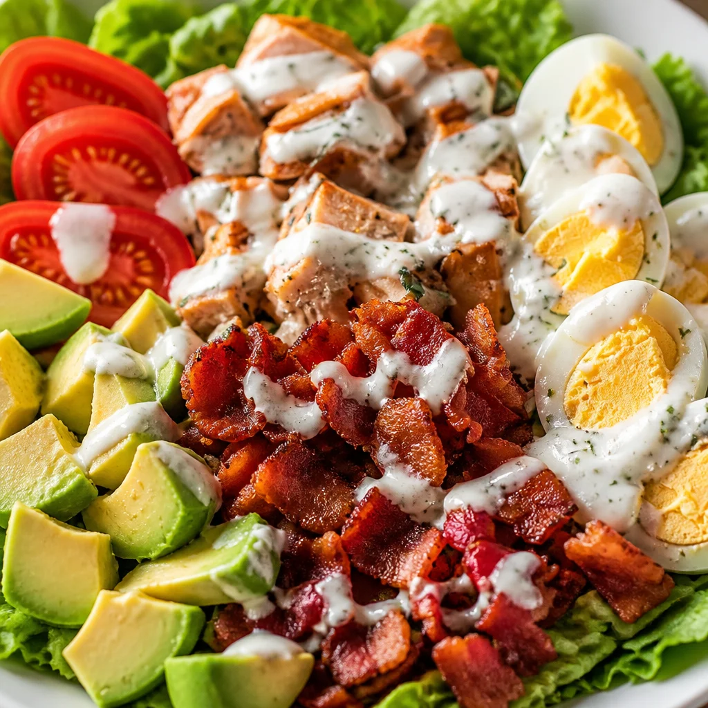 Delicious Cobb Salad filled with chicken, bacon, hard-boiled eggs, avocado, and blue cheese.