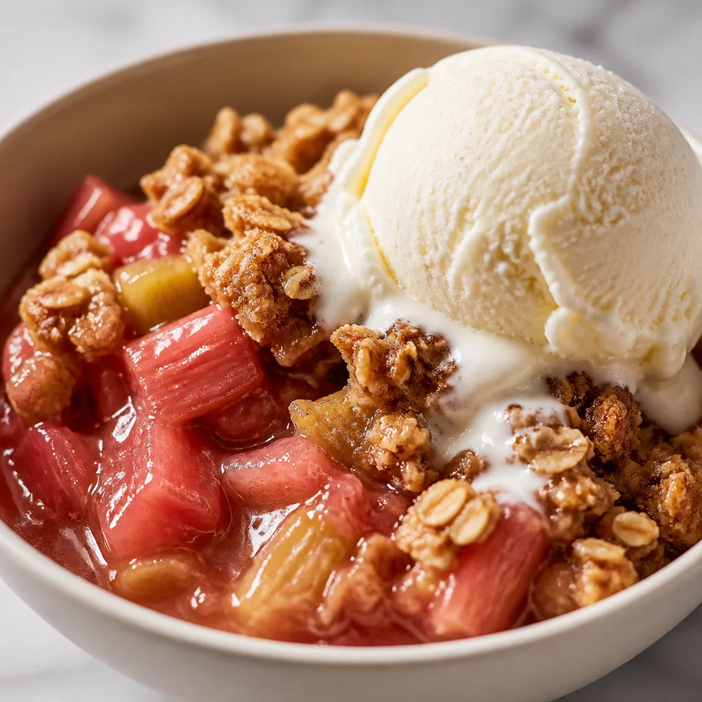 Delicious homemade Rhubarb Crisp with crispy oatmeal topping and sweet-tart filling.
