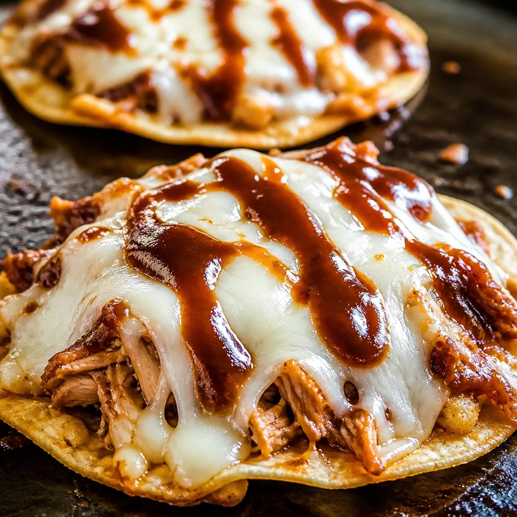 BBQ Chicken Tostadas topped with cheese and BBQ sauce on crispy tortillas