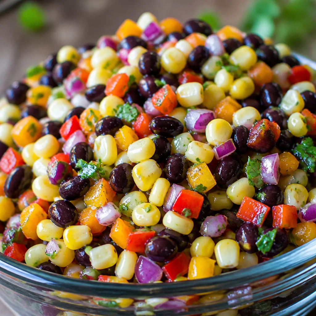 Corn and Black Bean Salad with Mexican Vinaigrette served in a colorful bowl.