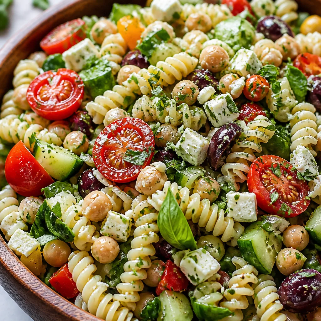 Delicious vegetarian Italian pasta salad with fresh vegetables and zesty dressing.