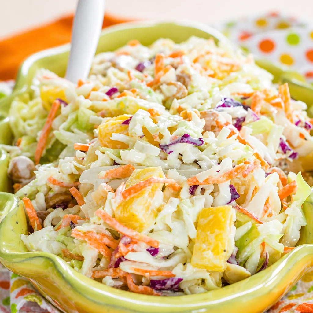 Bowl of Hawaiian Pineapple Coleslaw with crushed pineapple, cabbage, and creamy dressing.