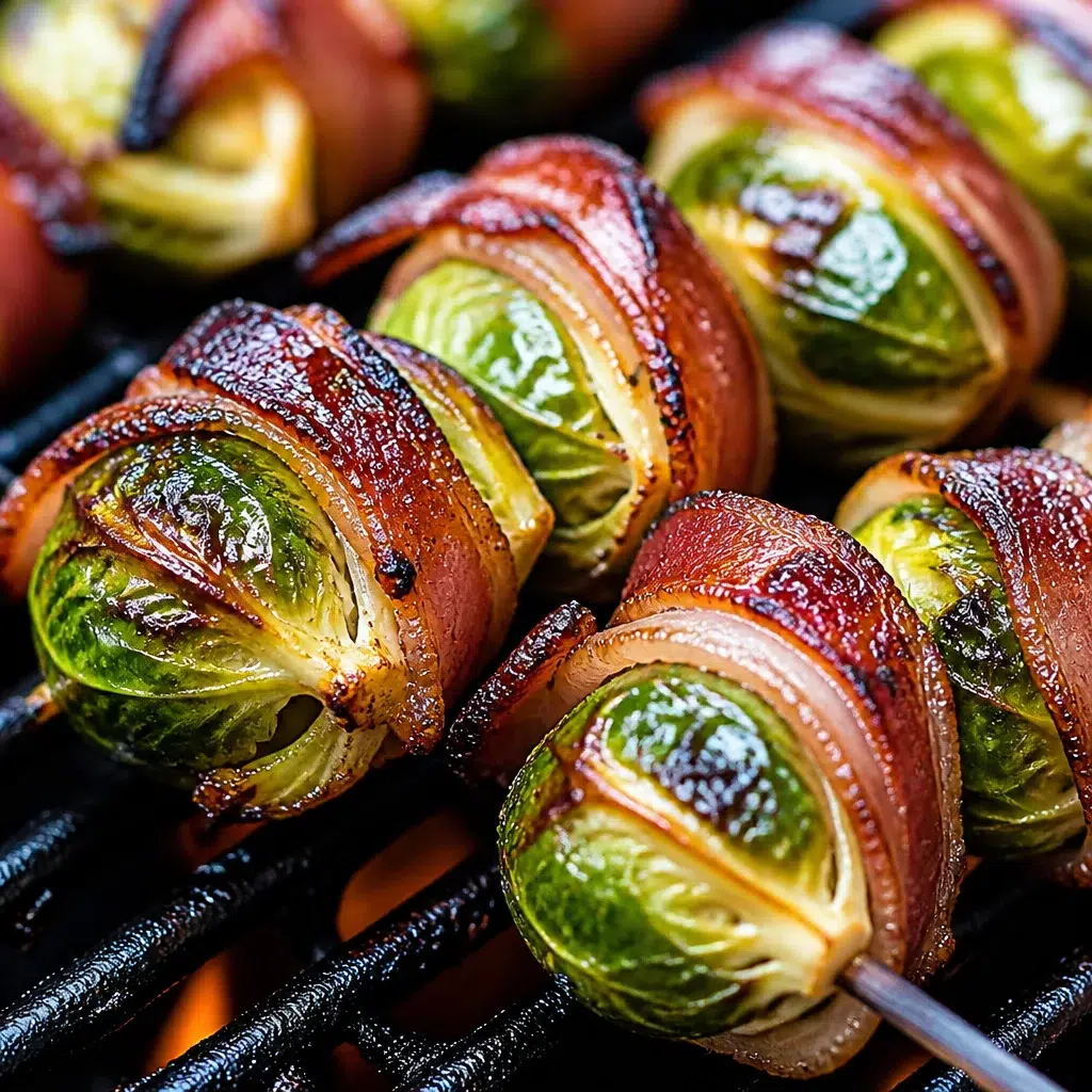 Bacon Wrapped Grilled Brussels Sprouts on the grill, sizzling to perfection.