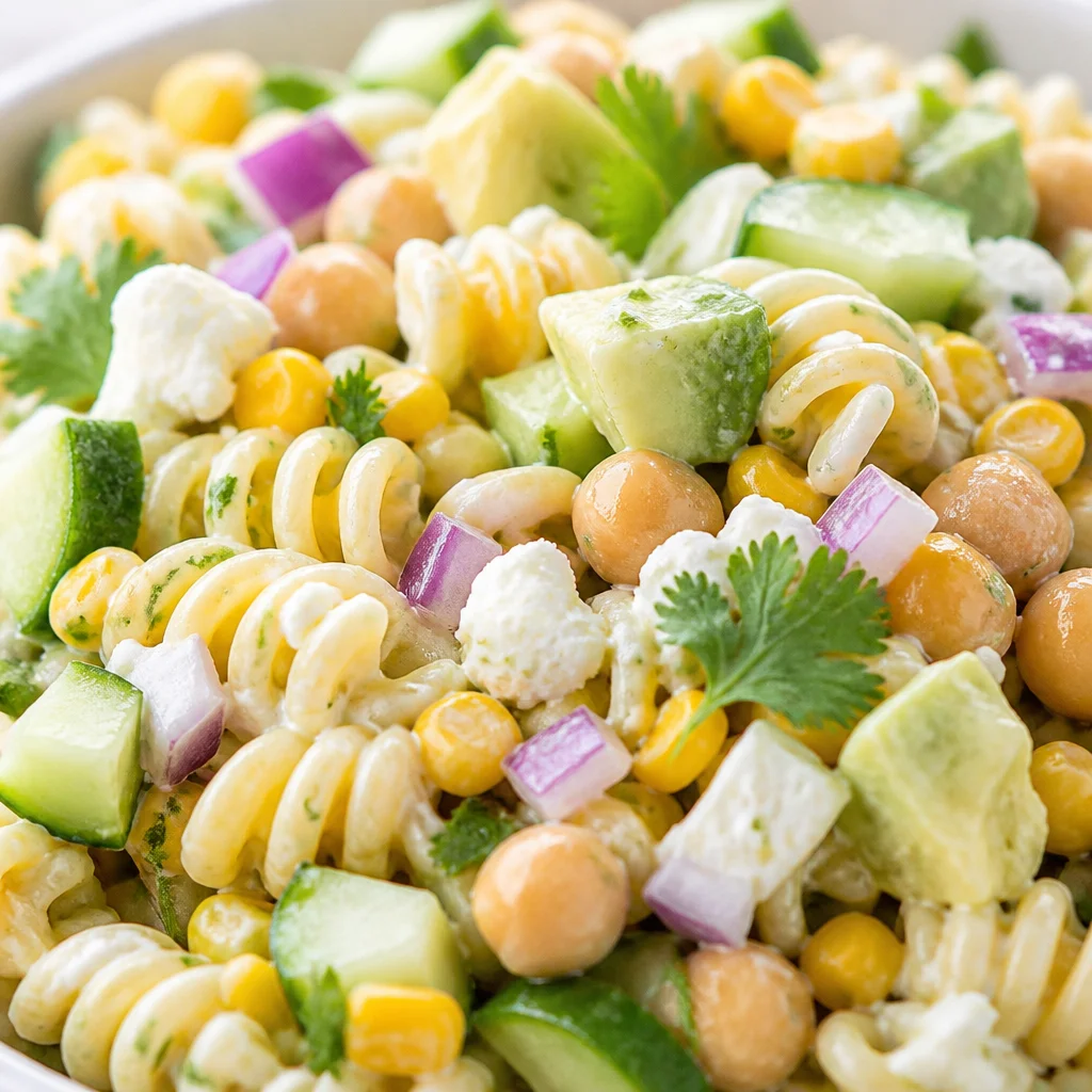 Creamy cilantro lime pasta salad with fresh vegetables and dressing