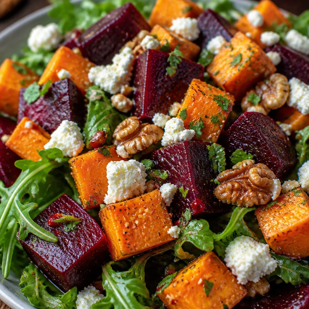 Creamy Roasted Beet Salad with Sweet Potato & Feta garnished with walnuts and cranberries.