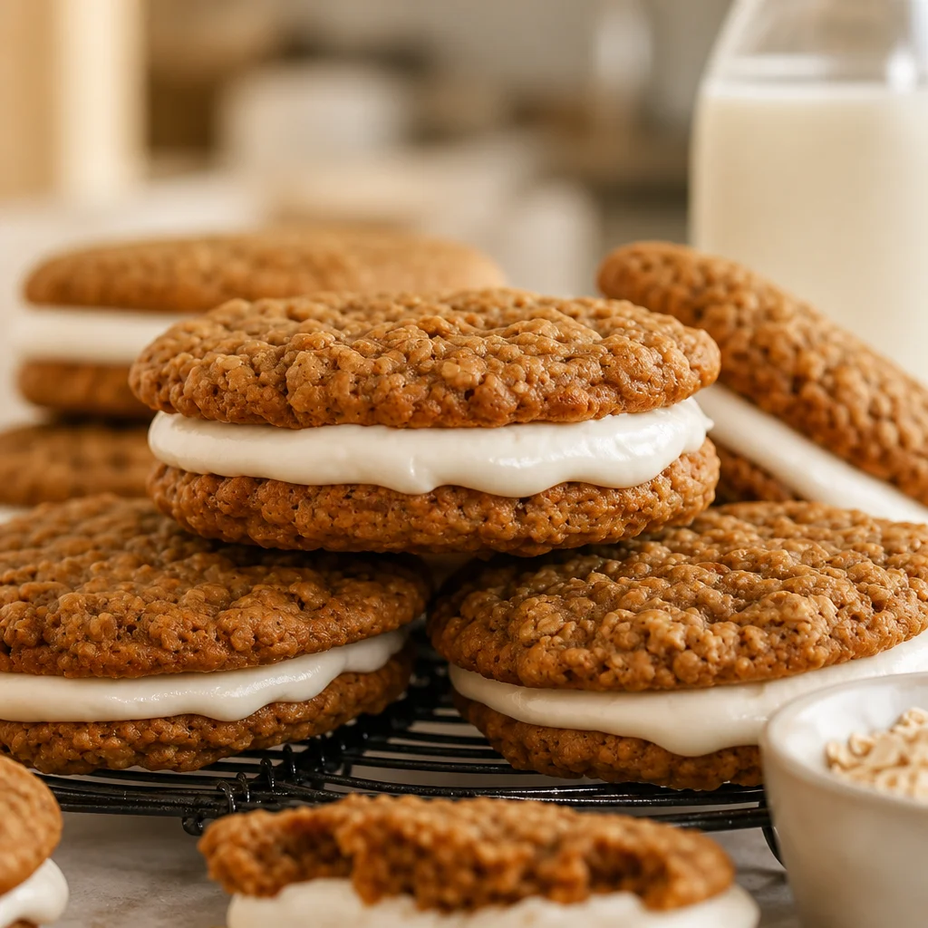 Delicious homemade oatmeal cream pies with vanilla buttercream filling sandwiching soft cookies.