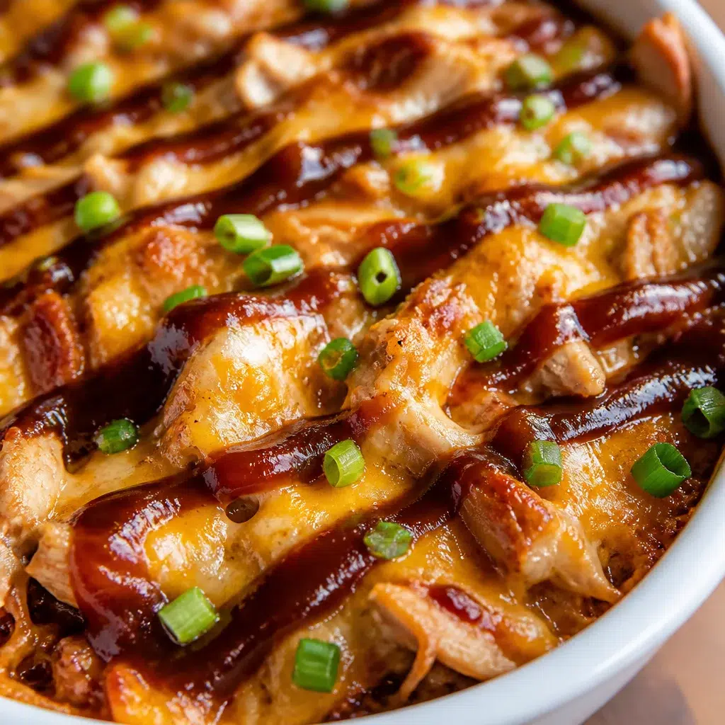 Delicious Keto BBQ Chicken Casserole with cheese, bacon, and sugar-free BBQ sauce.