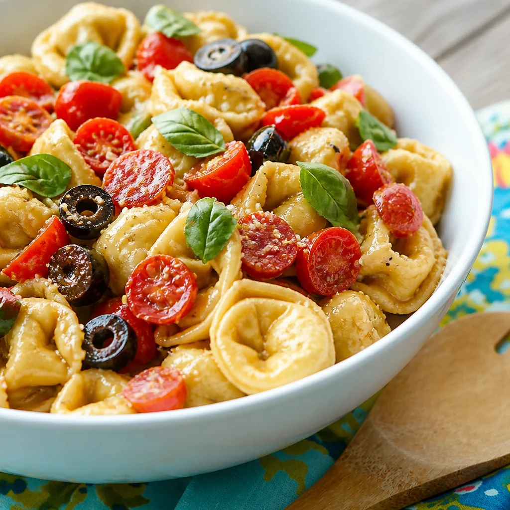 Bowl of Simple cold tortellini pasta salad with cheese, veggies, and dressing.