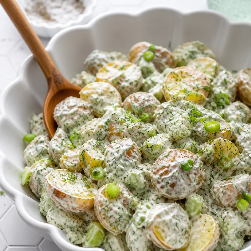 A vibrant bowl of classic potato salad with creamy dressing and fresh vegetables.