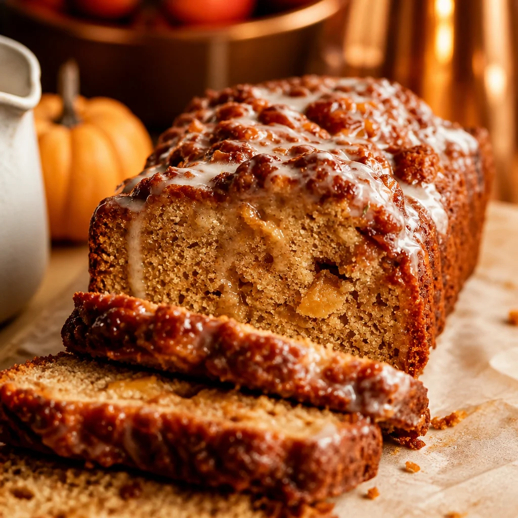 Amish Apple Fritter Bread with cinnamon, apples, and a sweet glaze on top.