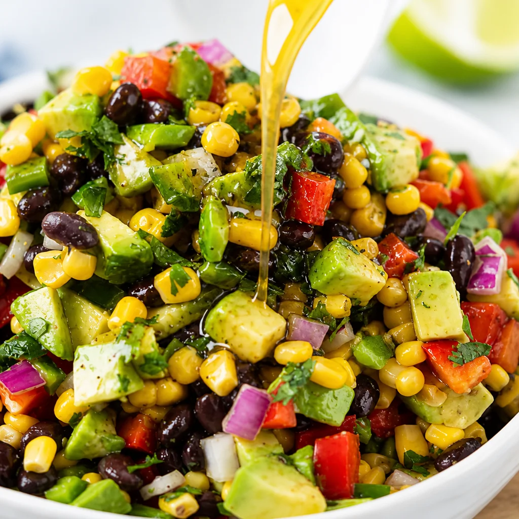 Colorful Cowboy Caviar dip made with black beans, corn, tomatoes, and peppers.