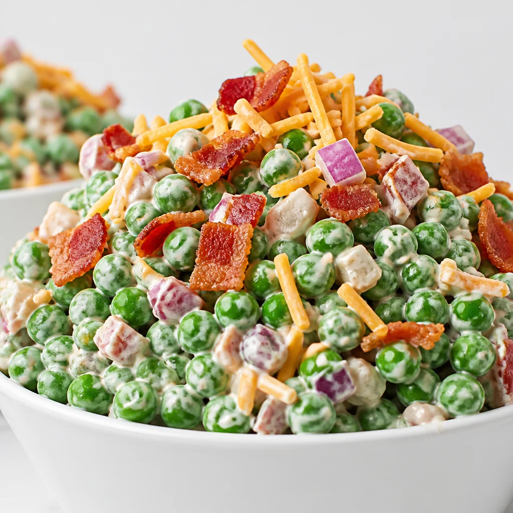 Bacon Pea Salad with sweet peas, crispy bacon, cheddar cheese in a creamy dressing.