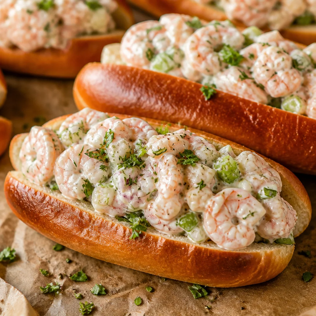 Delicious East Coast shrimp rolls loaded with shrimp salad in a buttered bun.