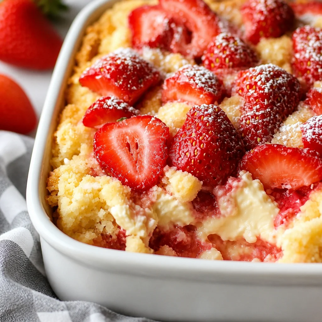 Delicious Strawberry Cheesecake Dump Cake with strawberries and creamy cheesecake filling.