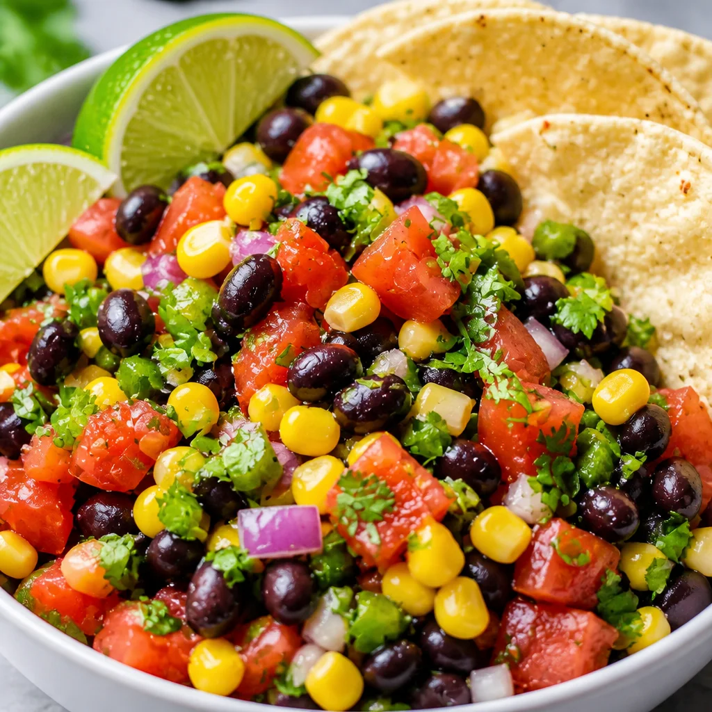 Delicious Black Bean Corn Salsa with fresh ingredients in a colorful bowl.