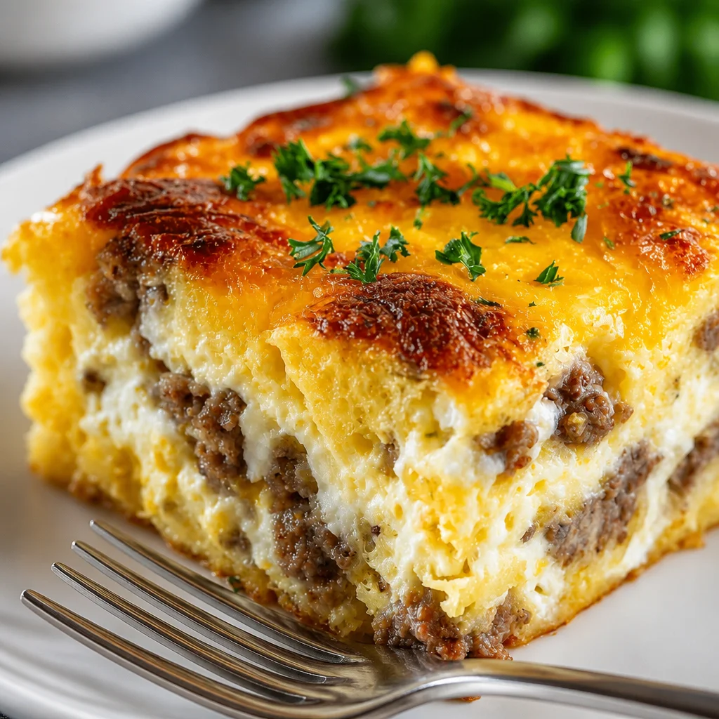 Delicious Sausage Egg and Cream Cheese Hashbrown Casserole loaded with flavors