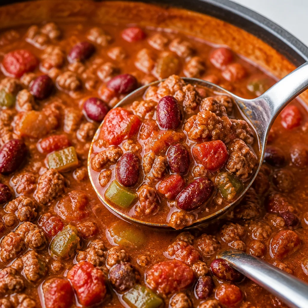 Bowl of hearty Old Fashioned Chili with beans, ground beef, and fresh herbs.