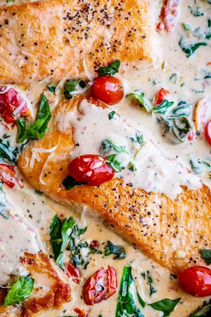 Delicious creamy Tuscan Salmon with sun-dried tomatoes and spinach in a rich sauce.