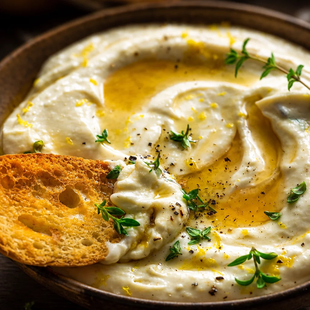 Creamy whipped goat cheese recipe with garlic and spices served in a bowl.