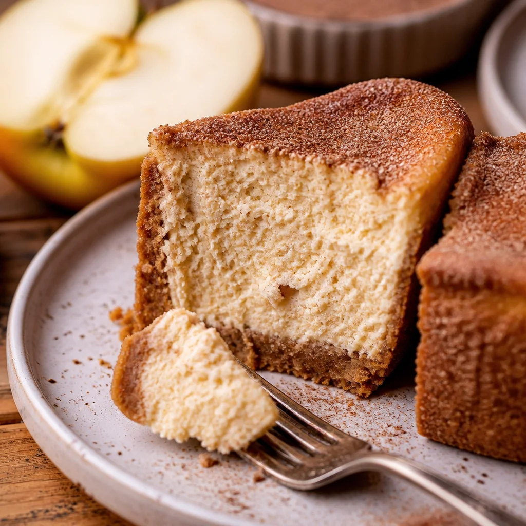 Slice of creamy Apple Cider Cheesecake topped with a cinnamon dusting and apple slices.