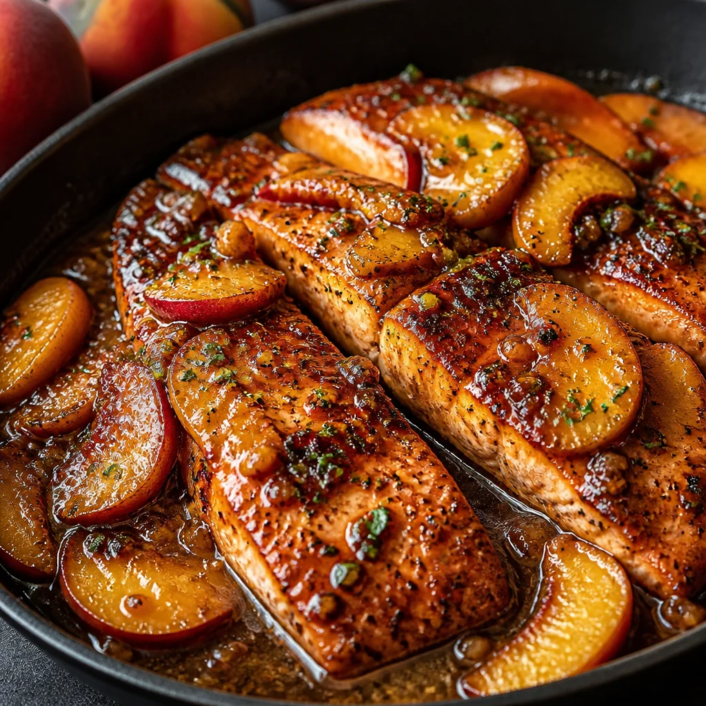 Bourbon Peach Salmon fillets marinated and cooked with fresh peaches and bourbon glaze.