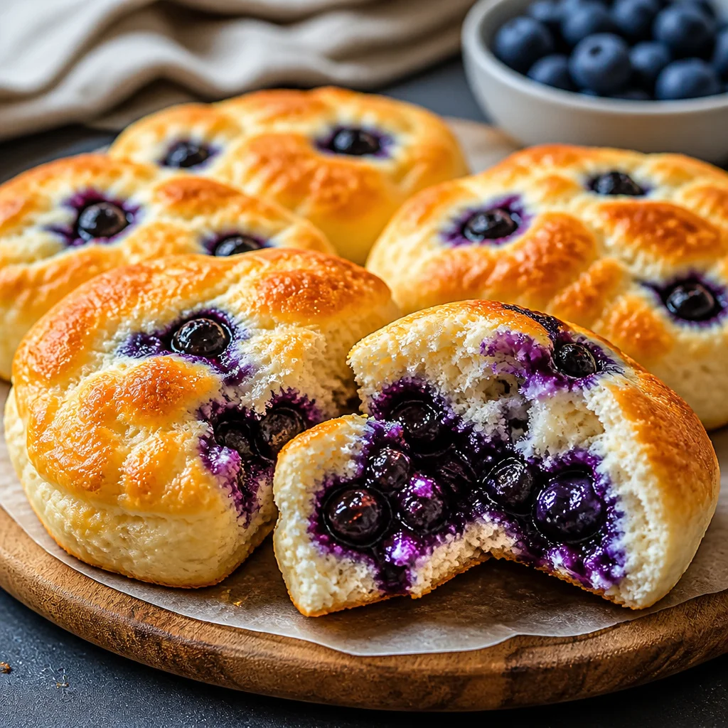 Fluffy Cottage Cheese Blueberry pancakes stacked and drizzled with syrup.