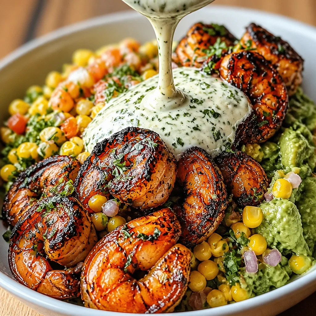 Colorful Grilled Shrimp Bowl with rice, fresh veggies, and zesty sauce.