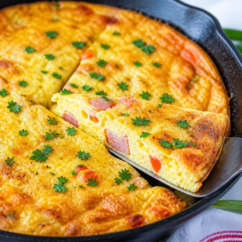 Ham and Cheese Frittata cooked and served in a skillet, perfect for any meal.