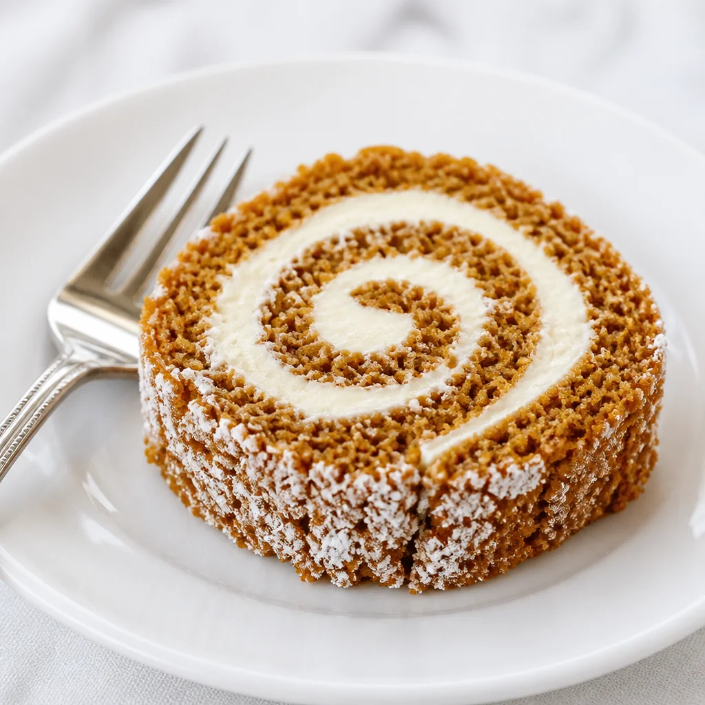Delicious easy Pumpkin Roll with cream cheese frosting served on a plate.