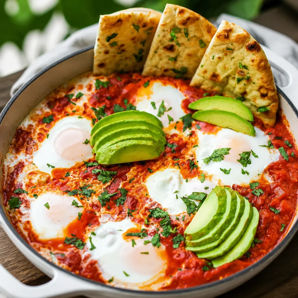 Delicious shakshuka with poached eggs in spicy tomato sauce served in a skillet.