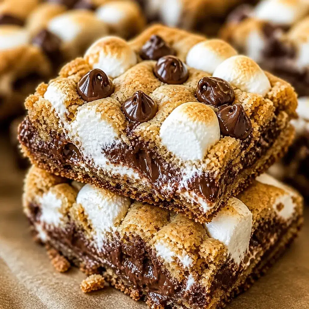 Delicious S'mores Cookie Bars topped with chocolate and marshmallow