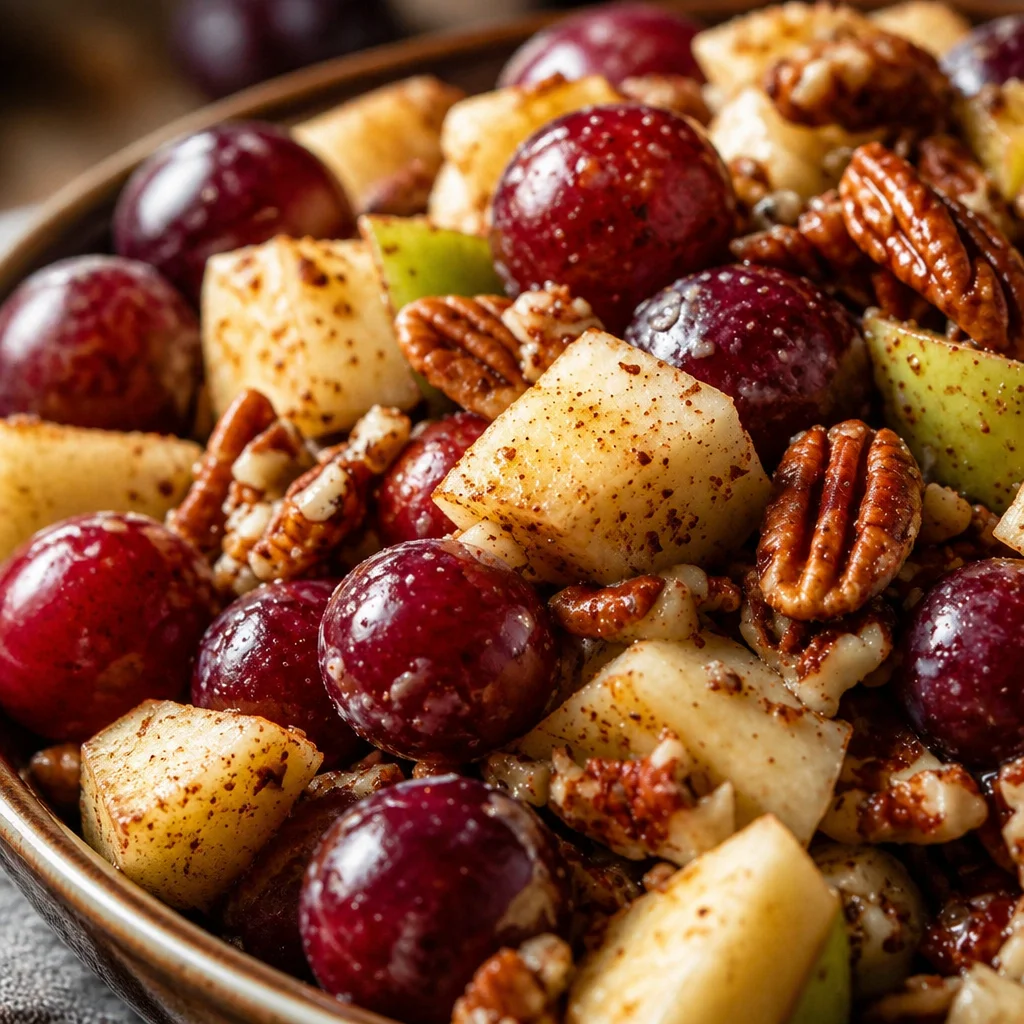 Cinnamon Apple Grape Salad with creamy dressing topped with pecans.
