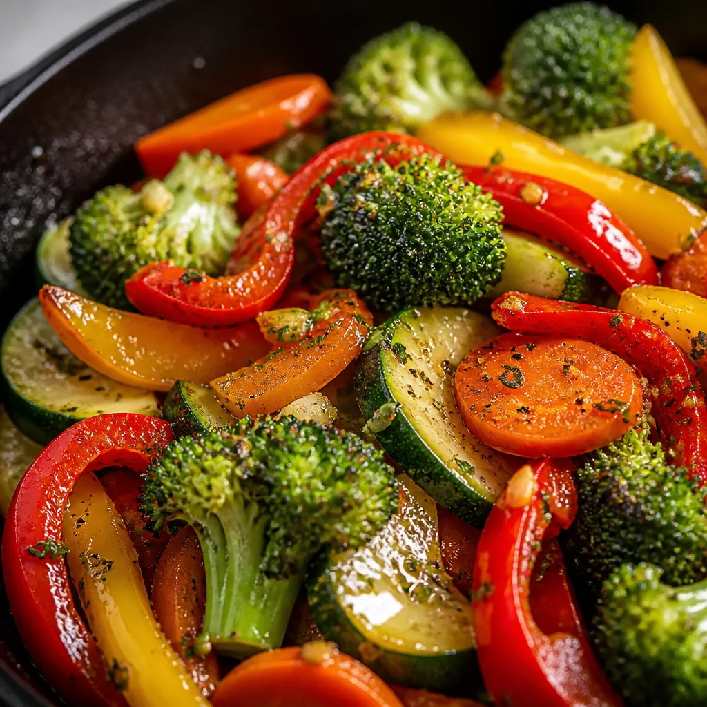 Colorful healthy sautéed vegetables with garlic and herbs in a skillet.
