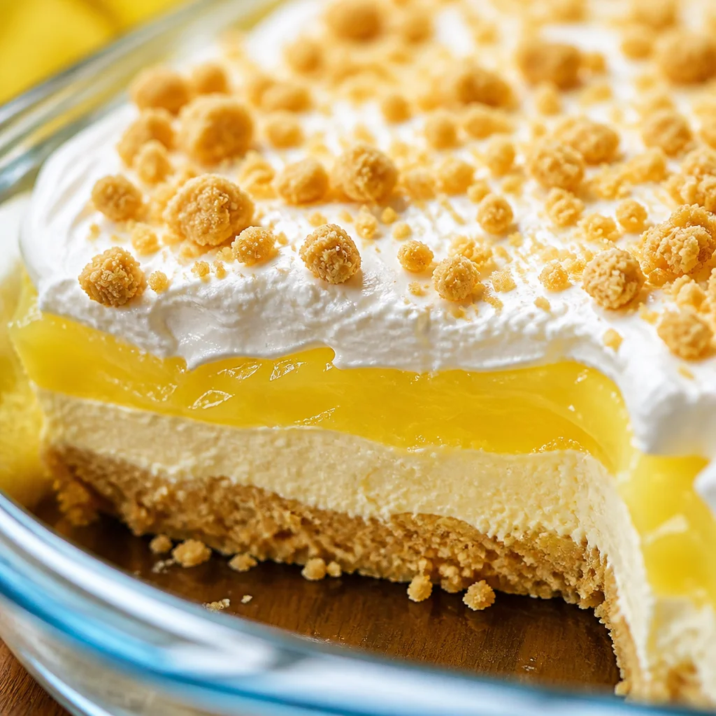 Refreshing Lemon Oreo Dessert with layers of cream and lemon pudding.