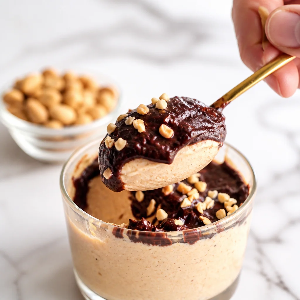 Creamy Cottage Cheese Peanut Butter Mousse served in a bowl, topped with cocoa and peanut butter.