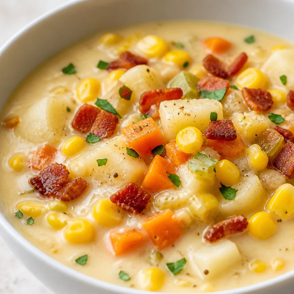 Delicious bowl of Corn Chowder featuring sweet corn and tender potatoes.