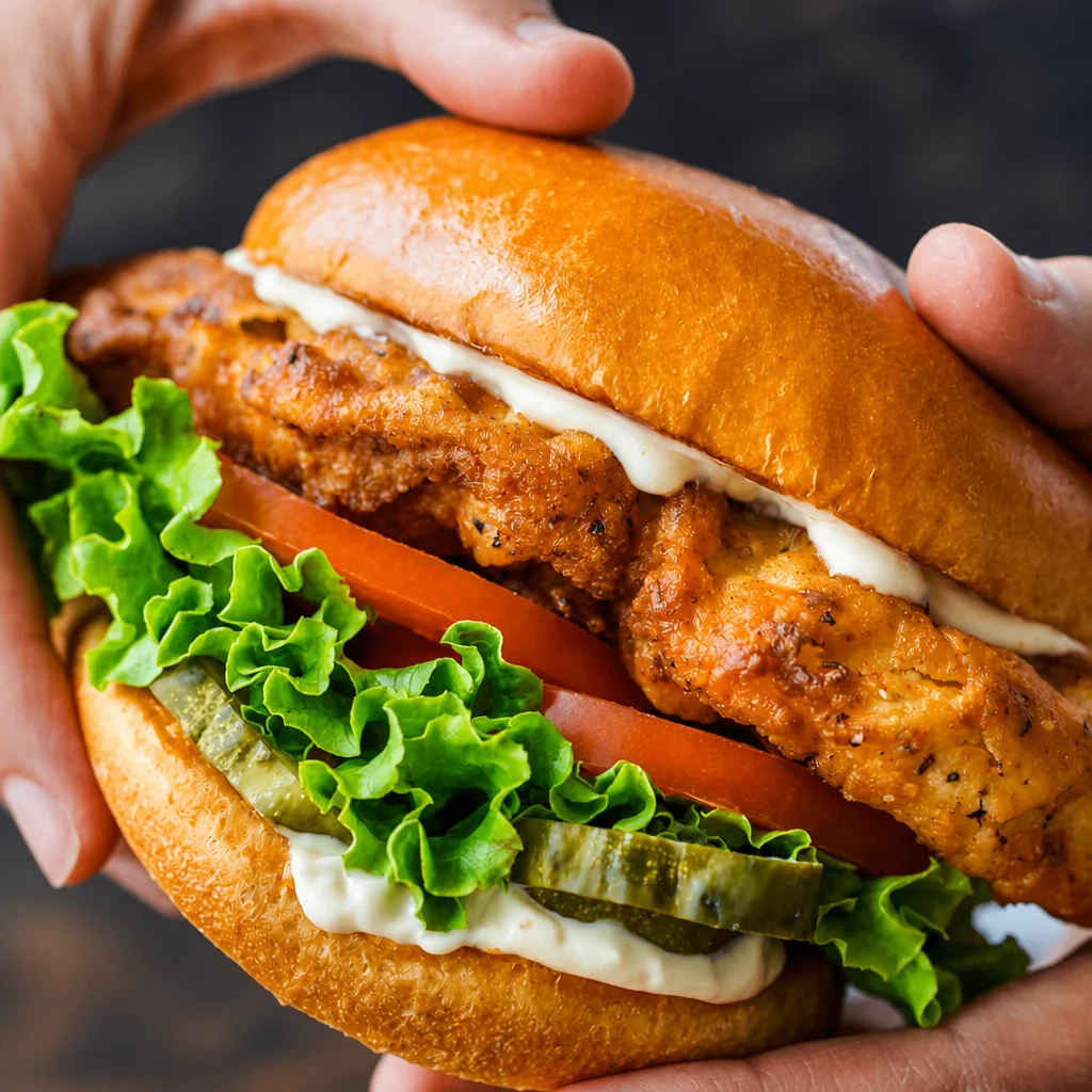 Delicious Crispy Chicken Sandwich with lettuce and sauce on a buttery bun