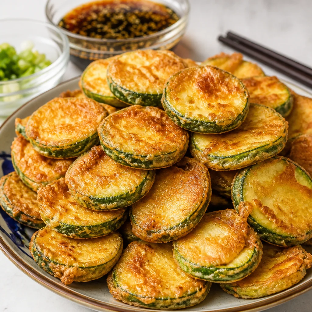 Plate of crispy Korean Zucchini Fritters (Hobak Jeon) with dipping sauce.