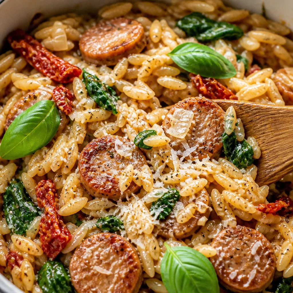Creamy Spinach Sun Dried Tomato Orzo with tender pasta and fresh ingredients