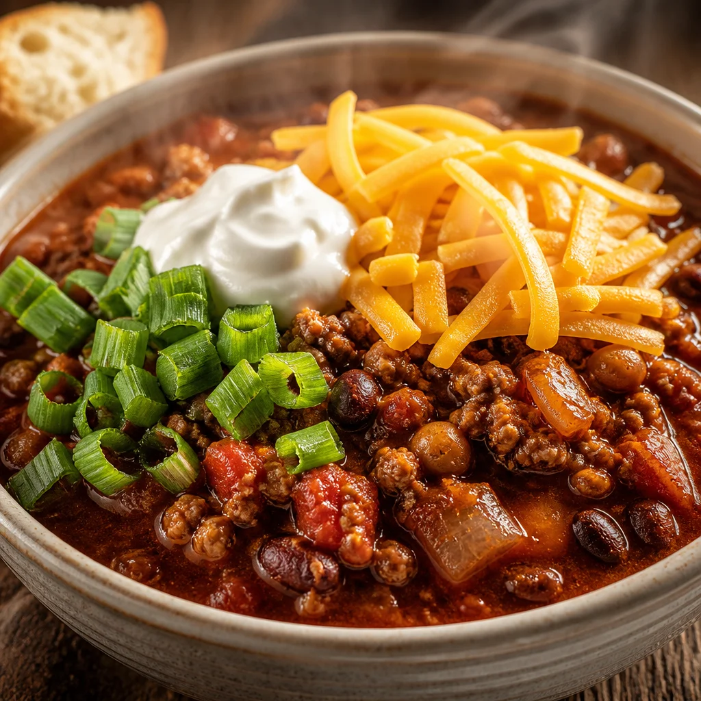 Bowl of hearty Bloody Mary Chili loaded with beef, beans, and rich spices.