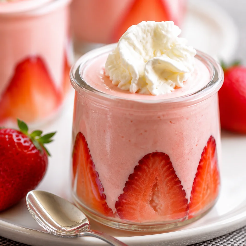 Delicious and airy strawberry mousse dessert in a bowl with fresh strawberries on top.