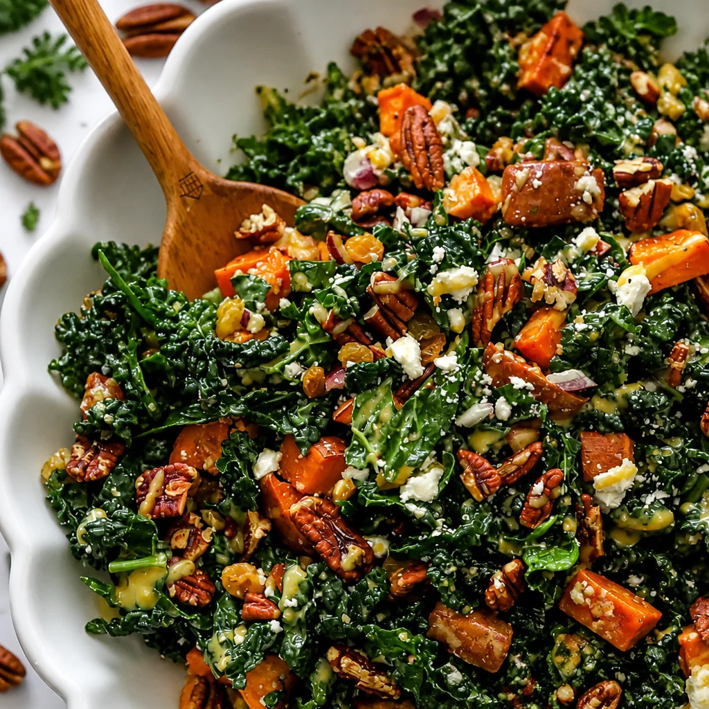 Delicious kale salad with fresh ingredients and colorful vegetables served in a bowl.